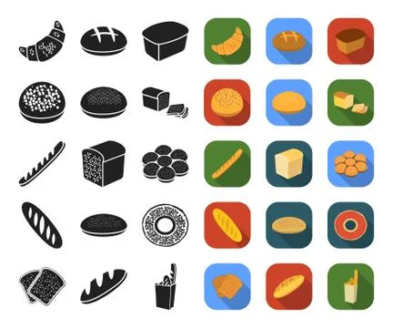 Types of bread black,flat icons in set collection for design. Bakery products Stock Illustration