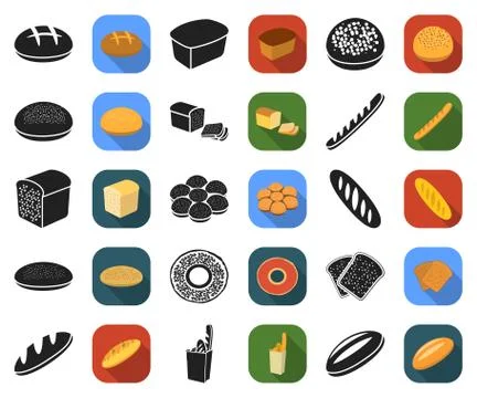 Types of bread black,flat icons in set collection for design. Bakery products Stock Illustration