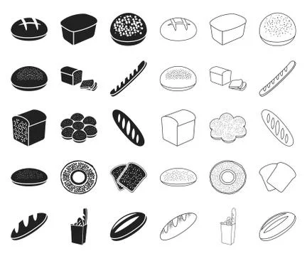 Types of bread black,outline icons in set collection for design. Bakery products Illustrazione stock