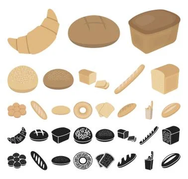 Types of bread cartoon, black icons in set collection for design. Bakery Illustrazione stock