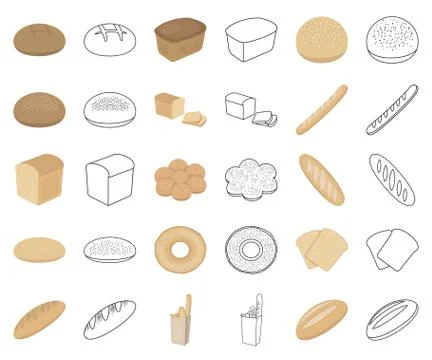 Types of bread cartoon,outline icons in set collection for design. Bakery Illustrazione stock