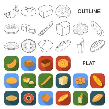 Types of bread flat icons in set collection for design. Bakery products vector Stock Illustration