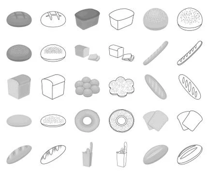 Types of bread monochrome,outline icons in set collection for design. Bakery Illustrazione stock