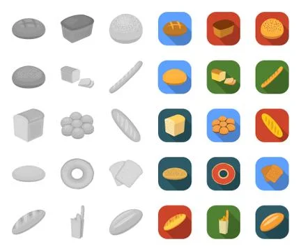 Types of bread mono,flat icons in set collection for design. Bakery products Stock Illustration