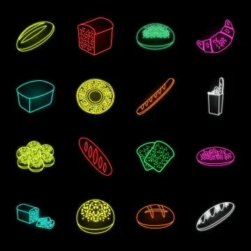 Types of bread neon icons in set collection for design. Bakery products vector Illustrazione stock