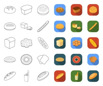 Types of bread outline,flat icons in set collection for design. Bakery products Stock Illustration