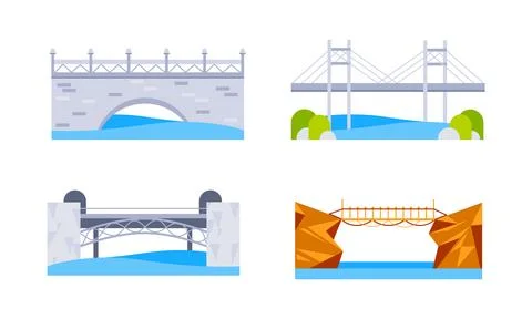 Types of bridge set. Architectural connecting structures. Constructions for Illustrazione stock