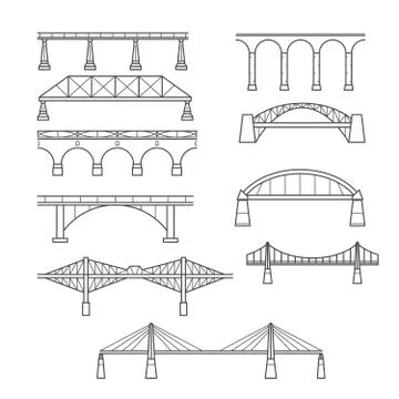 Types of bridges in linear style set - infographic icon of bridges Stock Illustration