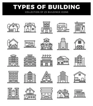 Types of building icons collection featuring various architectural styles o.. Stock Illustration