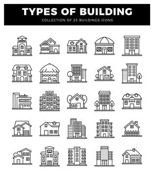 Types of building icons collection on a white background Ilustración de archivo