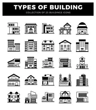 Types of building icons. diverse architectural styles collection. set of 25.. Ilustración de archivo
