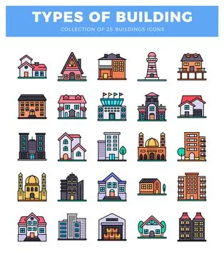 Types of building icons set flat colorful illustrations of architecture Ilustração Stock