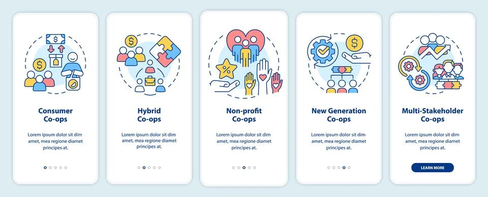 Types of business co-ops onboarding mobile app screen Stock Illustration