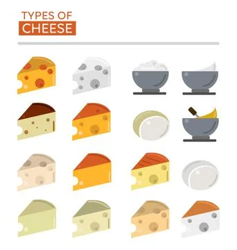 Types Of Cheeses. Flat Image Cheesses. Icons Of The Most Popular Cheeses Stock Illustration