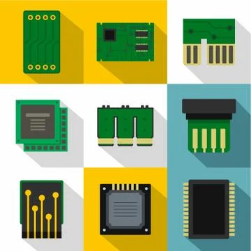 Types of chip icons set, flat style 库存插图