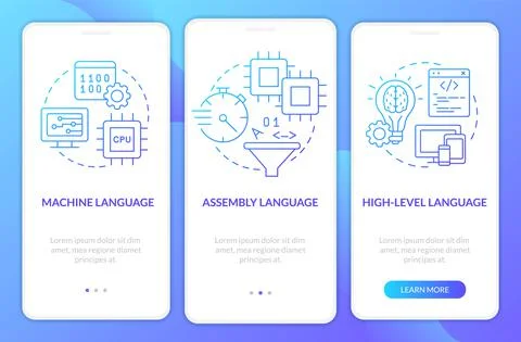 Types of computer languages blue gradient onboarding mobile app screen Illustrazione stock