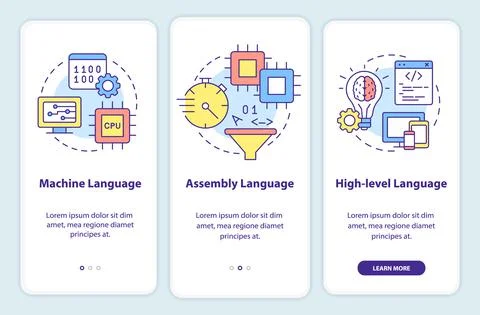 Types of computer languages onboarding mobile app screen イラスト素材