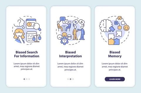 Types of confirmation bias onboarding mobile app screen Stock Illustration