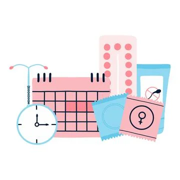 Types of contraception. Contraceptives. Illustrazione stock