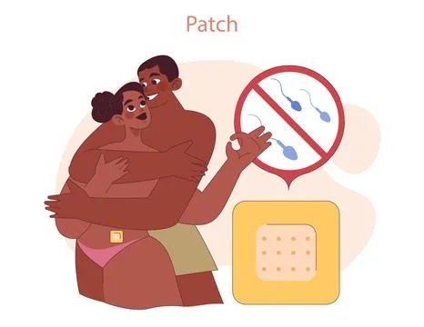 Types of Contraception. A couple embraces, considering a contraceptive Stock Illustration