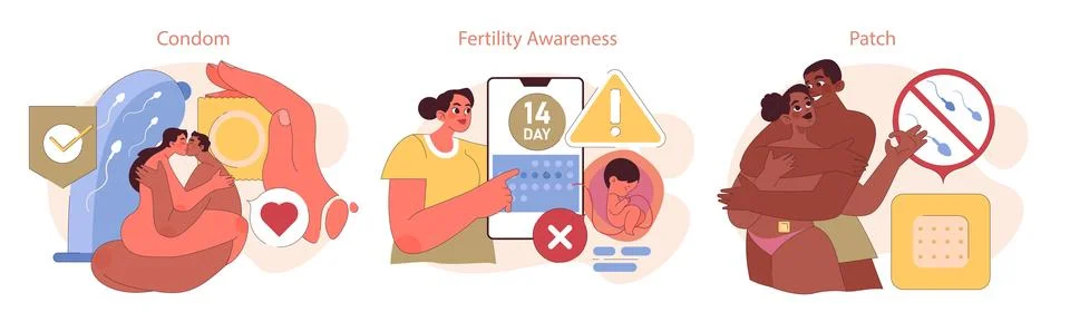 Types of Contraception set. Couples and individuals navigate condom Stock Illustration