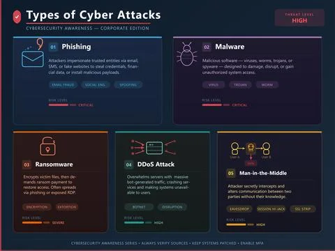 Types of Cyber Attacks Infographic Vector Threat Education Guide 스톡 일러스트