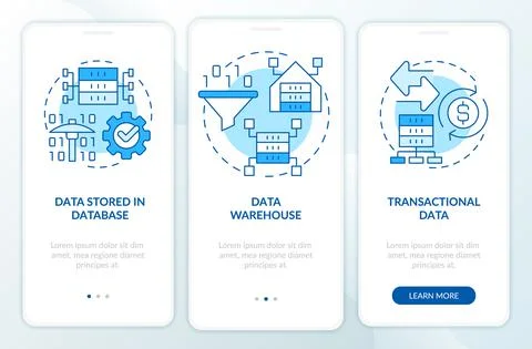 Types of data that can be mined blue onboarding mobile app screen Stock Illustration