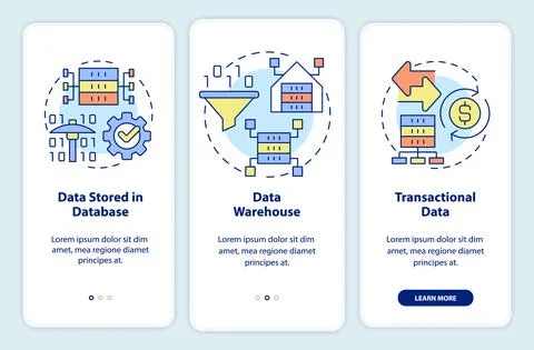 Types of data that can be mined onboarding mobile app screen Stock Illustration
