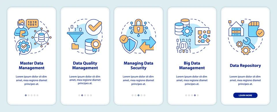 Types of data management onboarding mobile app screen Stock Illustration