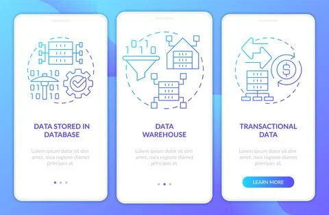 Types of data to mine blue gradient onboarding mobile app screen Stock Illustration