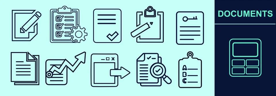 Types of documents line icon set for presentation, explanation, marketing. Stock Illustration