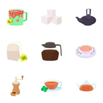 Types of drinks icons set, cartoon style Stock Illustration