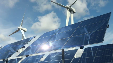 Types of ecological clean power with solar panels cells and wind turbines loop Видео 140372692