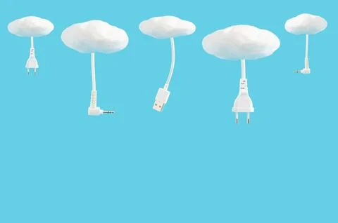 Types of electrical plugs connected to clouds, simple cloud service concept Stock Photos