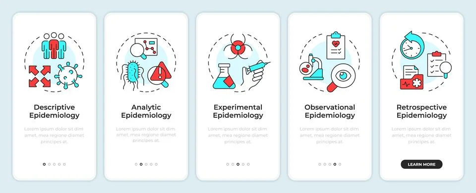 Types of epidemiological studies onboarding mobile app screen 库存插图