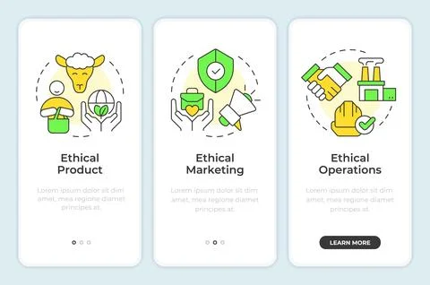 Types of ethical business practices onboarding mobile app screen Stock Illustration