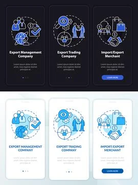Types of export business night and day mode onboarding mobile app screen Stock Illustration