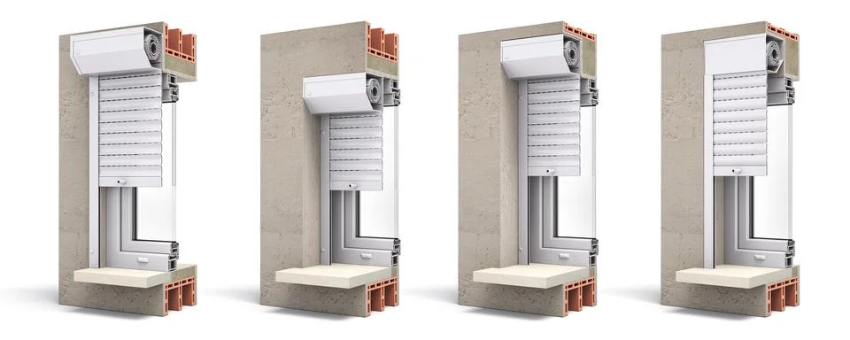 Types of external roller blinds. Cross section of various installation opti.. Stock Illustration