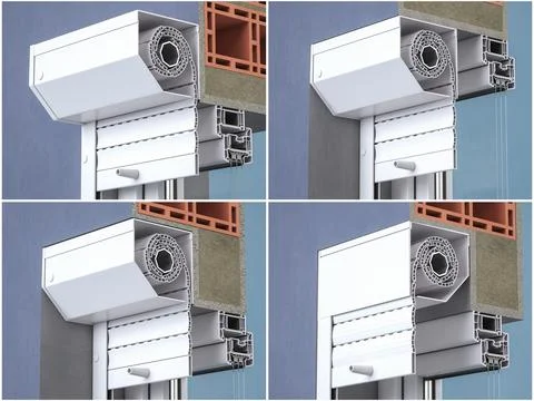Types of external roller blinds. Cross section of various installation opti.. Ilustración de archivo