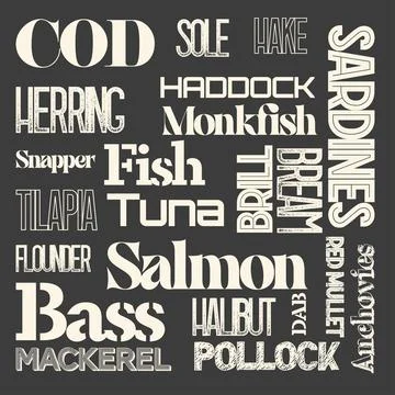 Types Of Fish Word Cloud on a chalkboard background. Stock Illustration