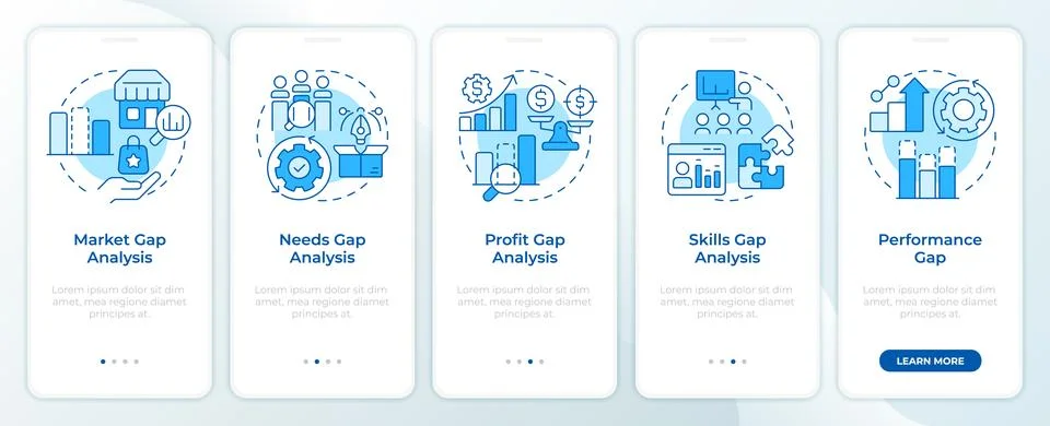 Types of gap analysis blue onboarding mobile app screen Stock Illustration
