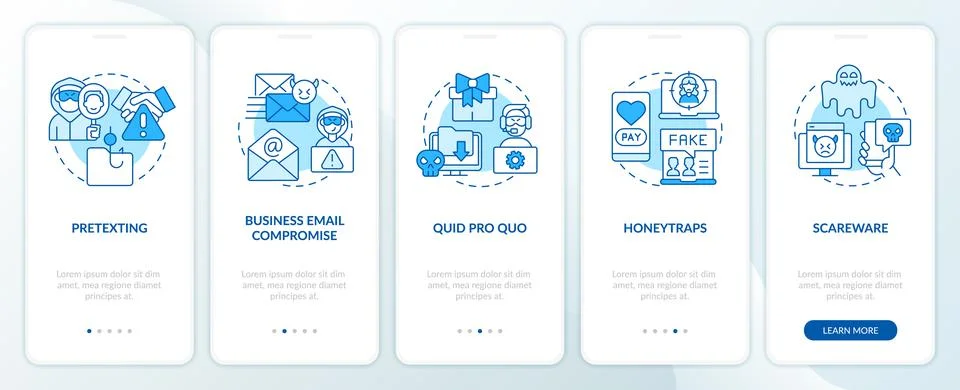 Types of hacker attacks blue onboarding mobile app screen 스톡 일러스트