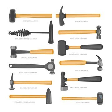 Types of Hammer Set Collection, Engineer Hammer, Brick, Welders Chipping, B.. Stock Illustration
