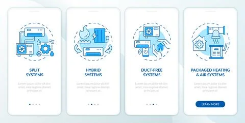 Types of HVAC systems blue onboarding mobile app screen Stock Illustration