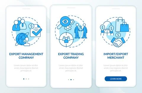 Types of import and export business blue onboarding mobile app screen Illustrazione stock