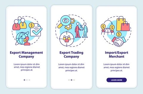 Types of import and export business onboarding mobile app screen Illustrazione stock