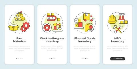 Types of inventory onboarding mobile app screen Stock Illustration