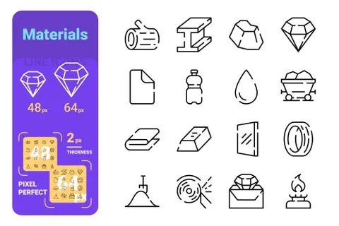 Types of materials line icons set Stock Illustration