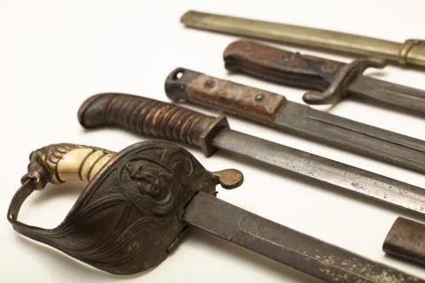 Types of melee weapon on white background Stock Photos