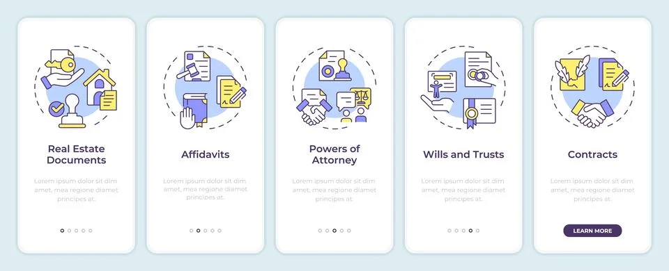 Types of notarization documents onboarding mobile app screen Stock Illustration